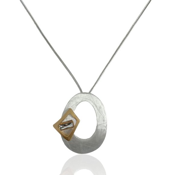 Necklace, Two Tone, Interlocking Oval/Square, Crystal, Snake Chain 24"-26" - Picture 3 of 6